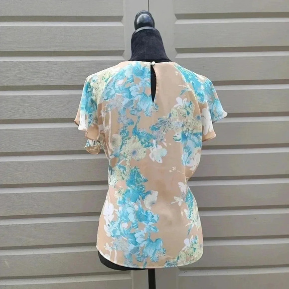 Worthington Womens Short Sleeve Floral Blouse Top Beige Blue Keyhole Petite L PL - Picture 7 of 8